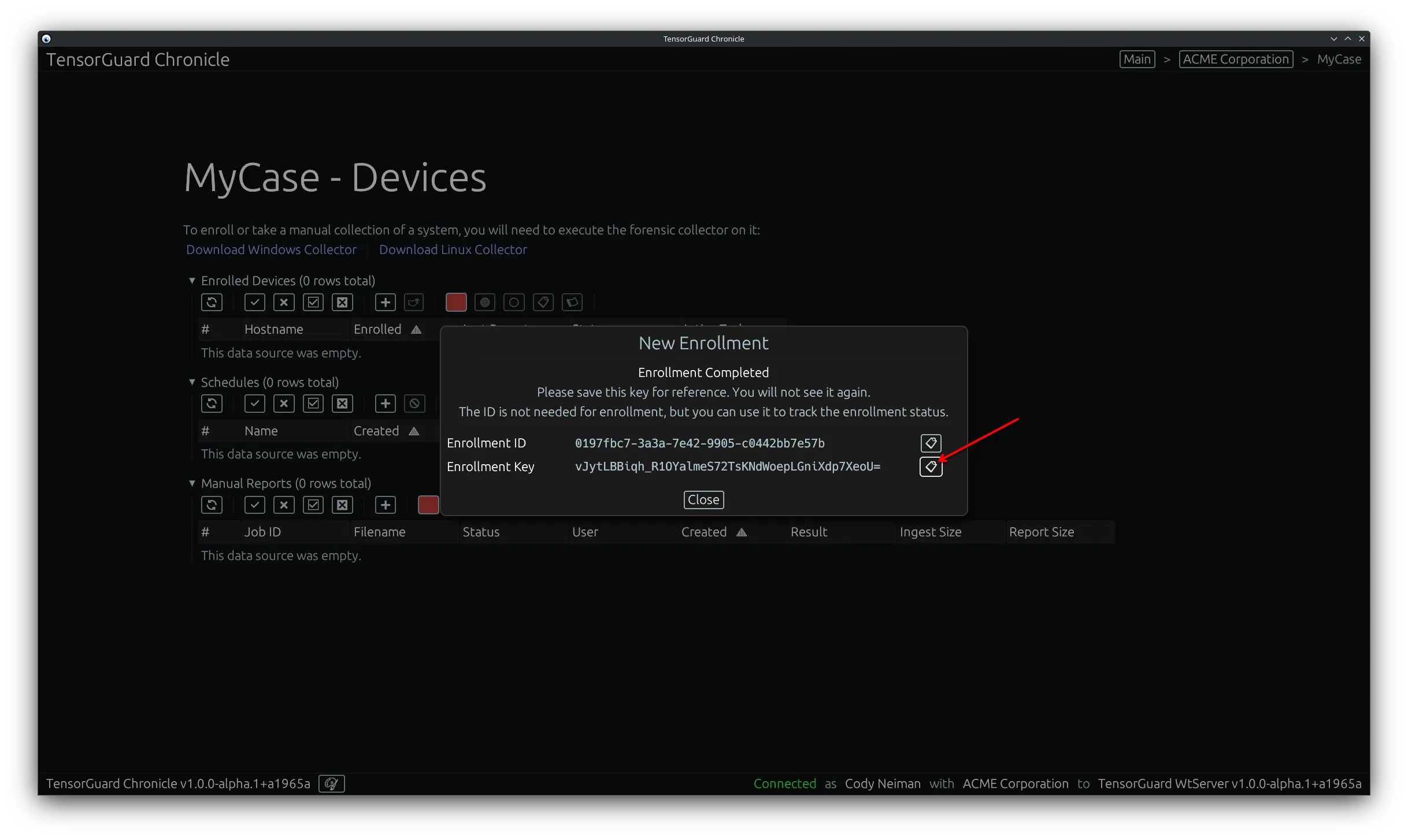 TensorGuard Case Menu - Copy Enrollment Key