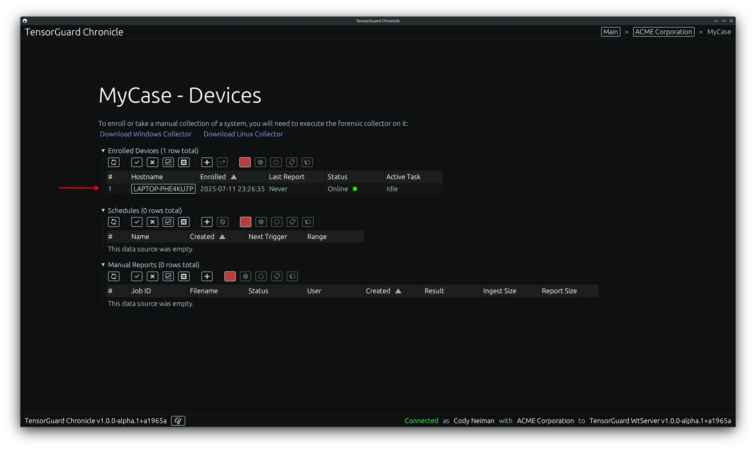 TensorGuard Case Menu - Device Selection