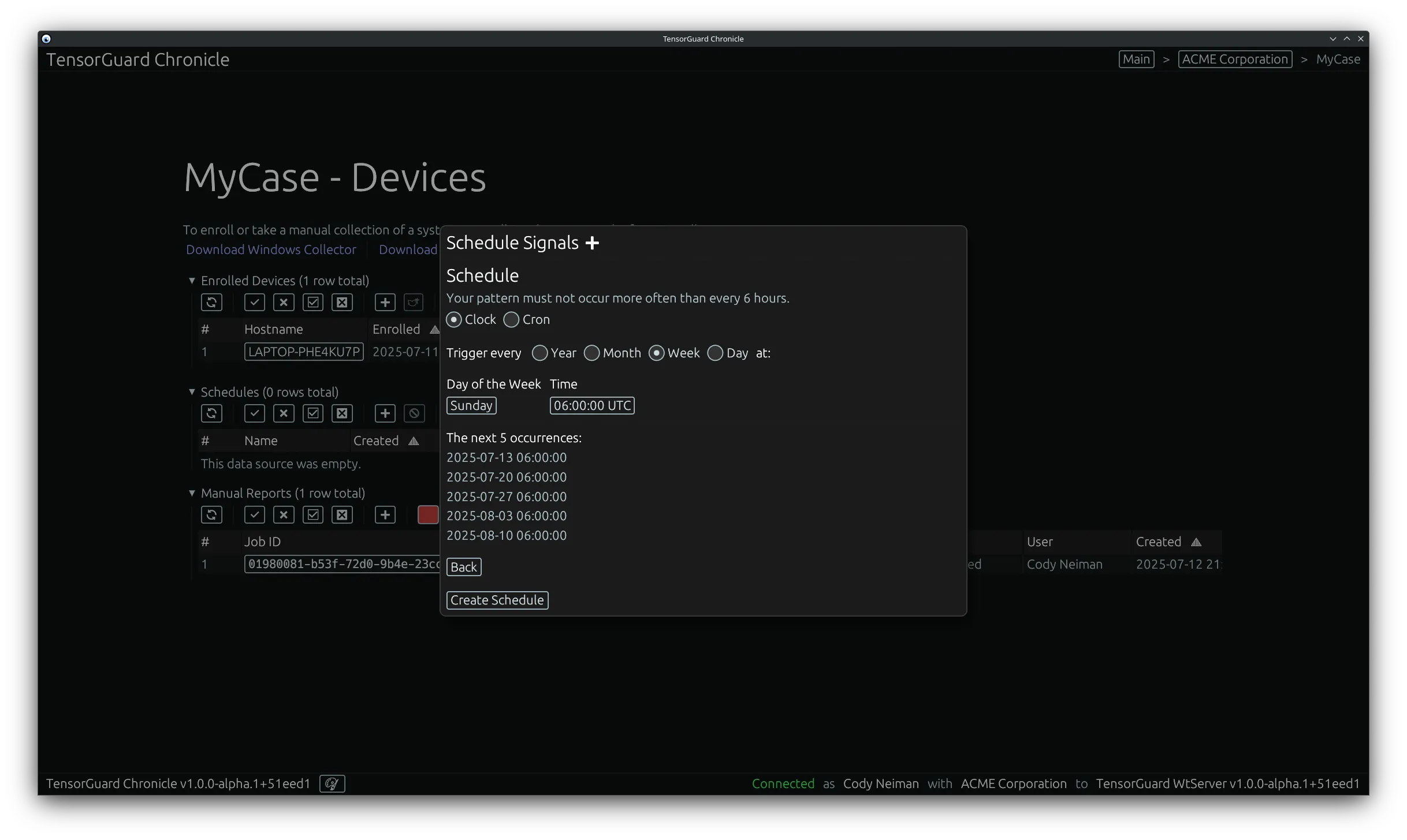 TensorGuard Case Menu - Schedule Signals Scheduler Clock