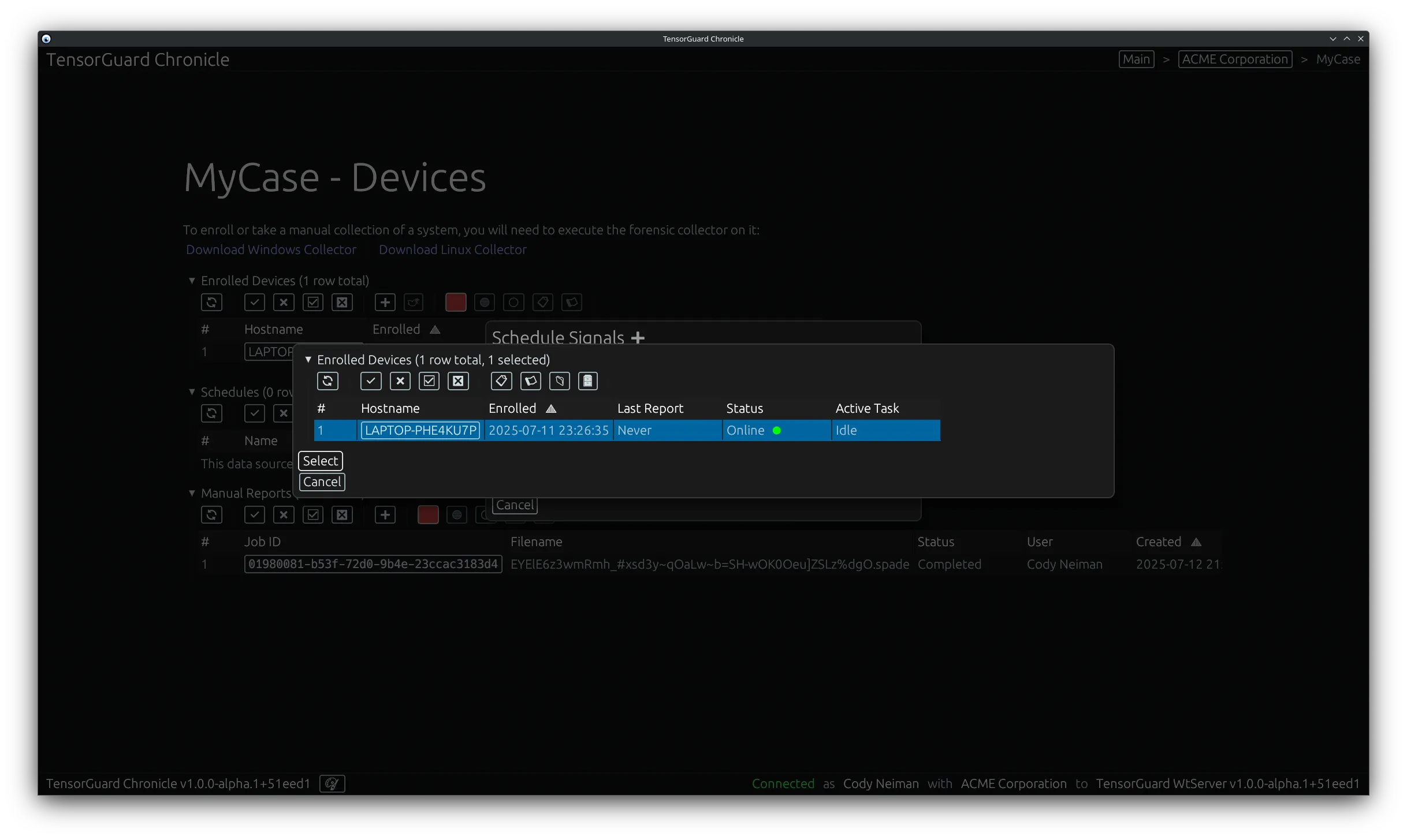 TensorGuard Case Menu - Schedule Signals Select Devices