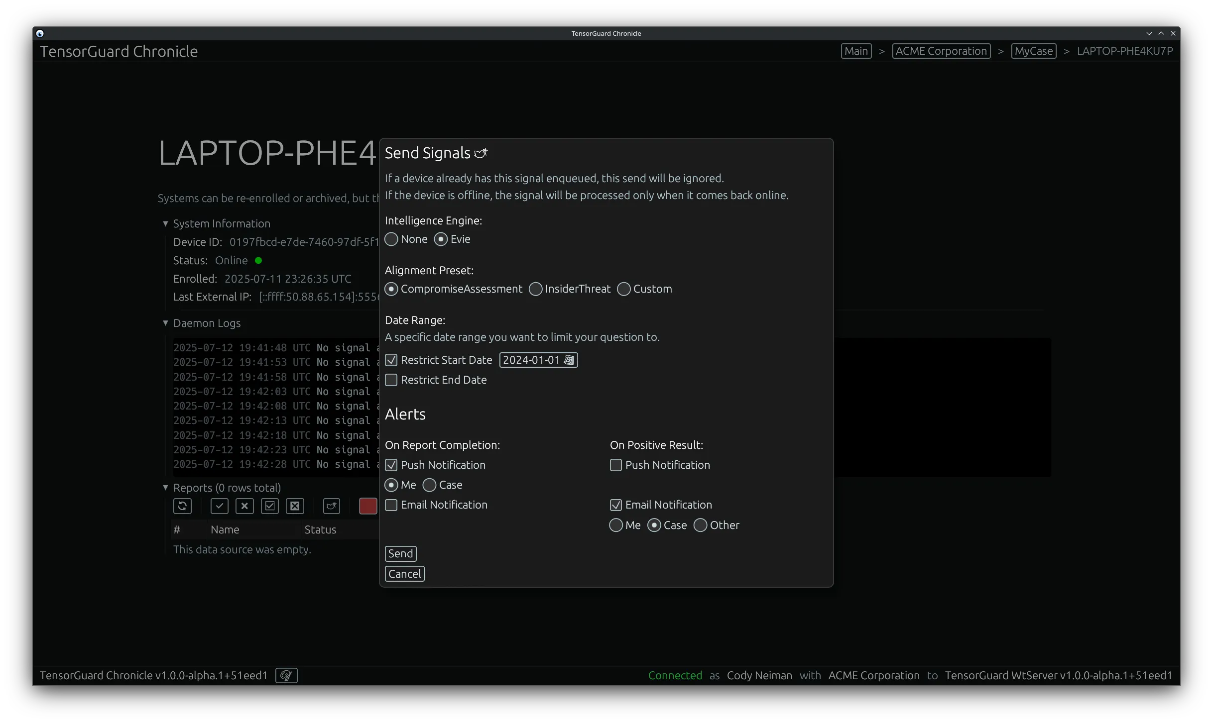 TensorGuard Device Menu - Send Signal