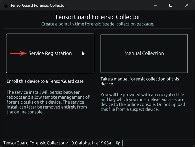 TensorGuard Collection Menu - Service Registration