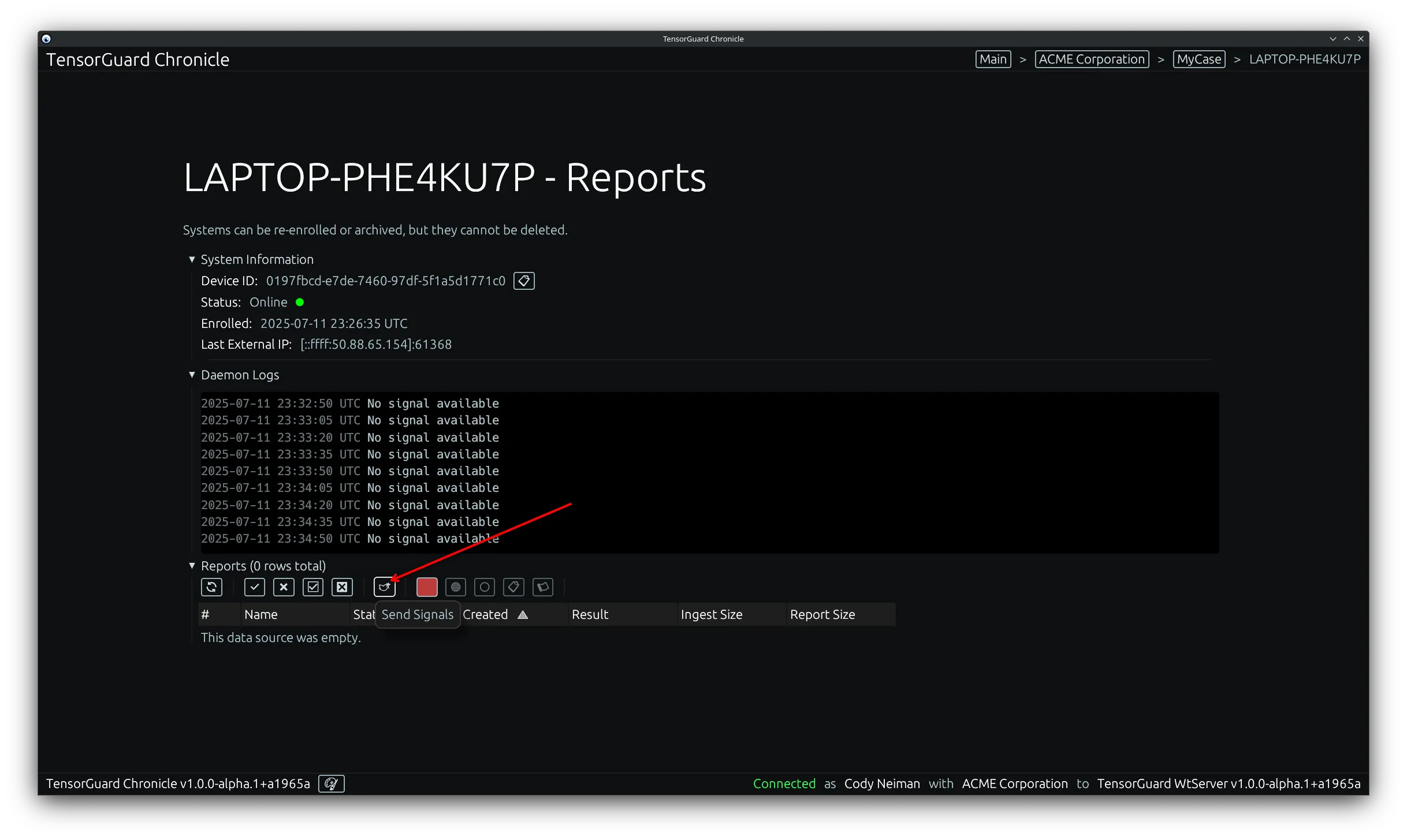 TensorGuard Device Menu - Send Signal Tool